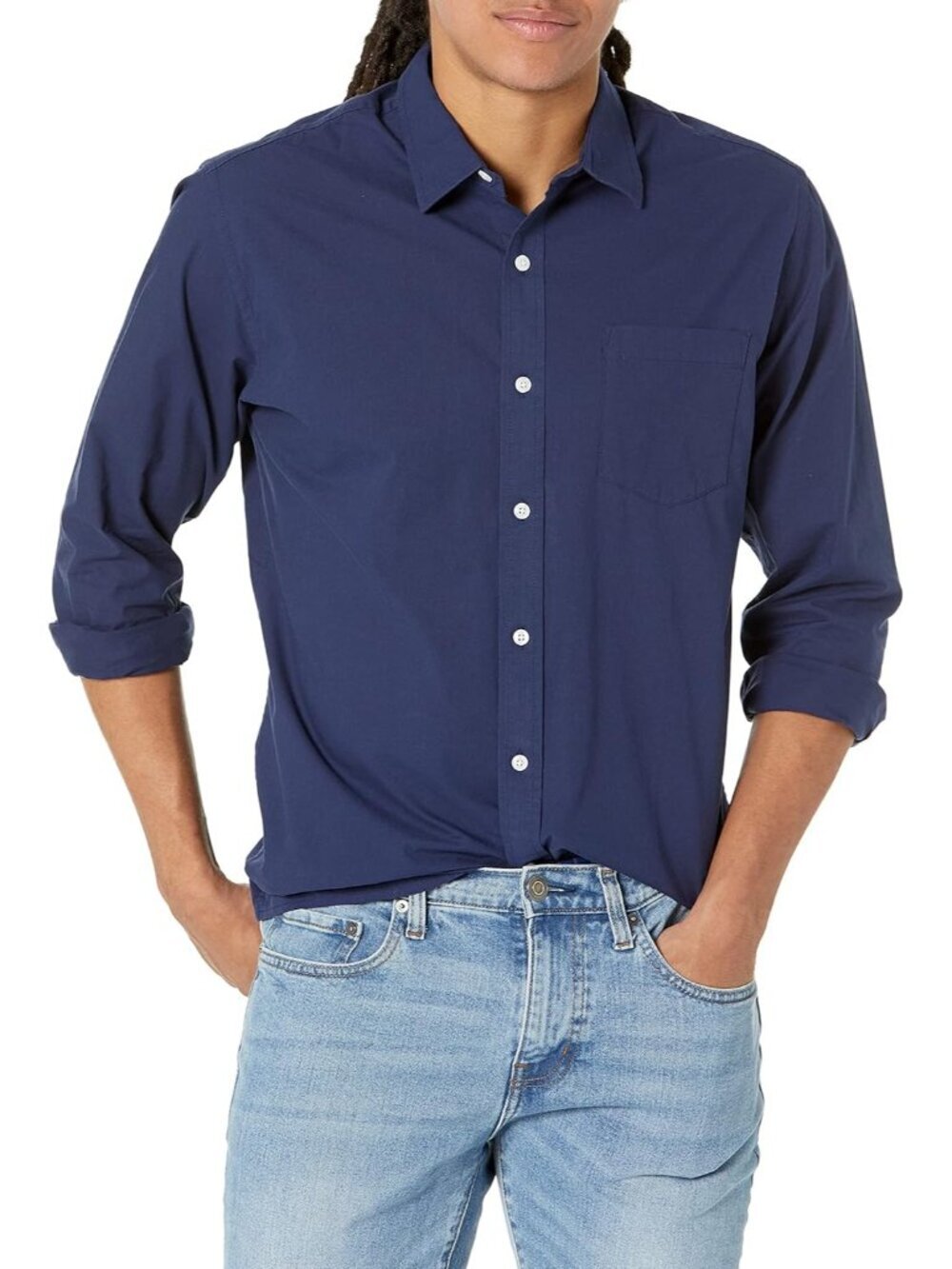 Men's Navy 100% Cotton Imported Long-Sleeve Casual Poplin Shirt